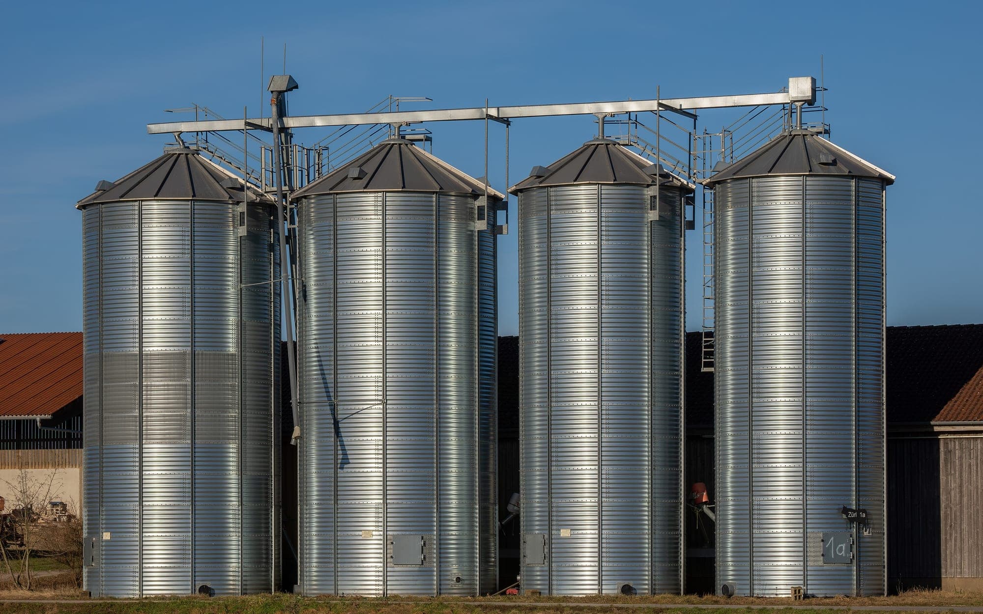 Four corrugated galvanized feed silos joined by a shared conveyor gallery running along the top