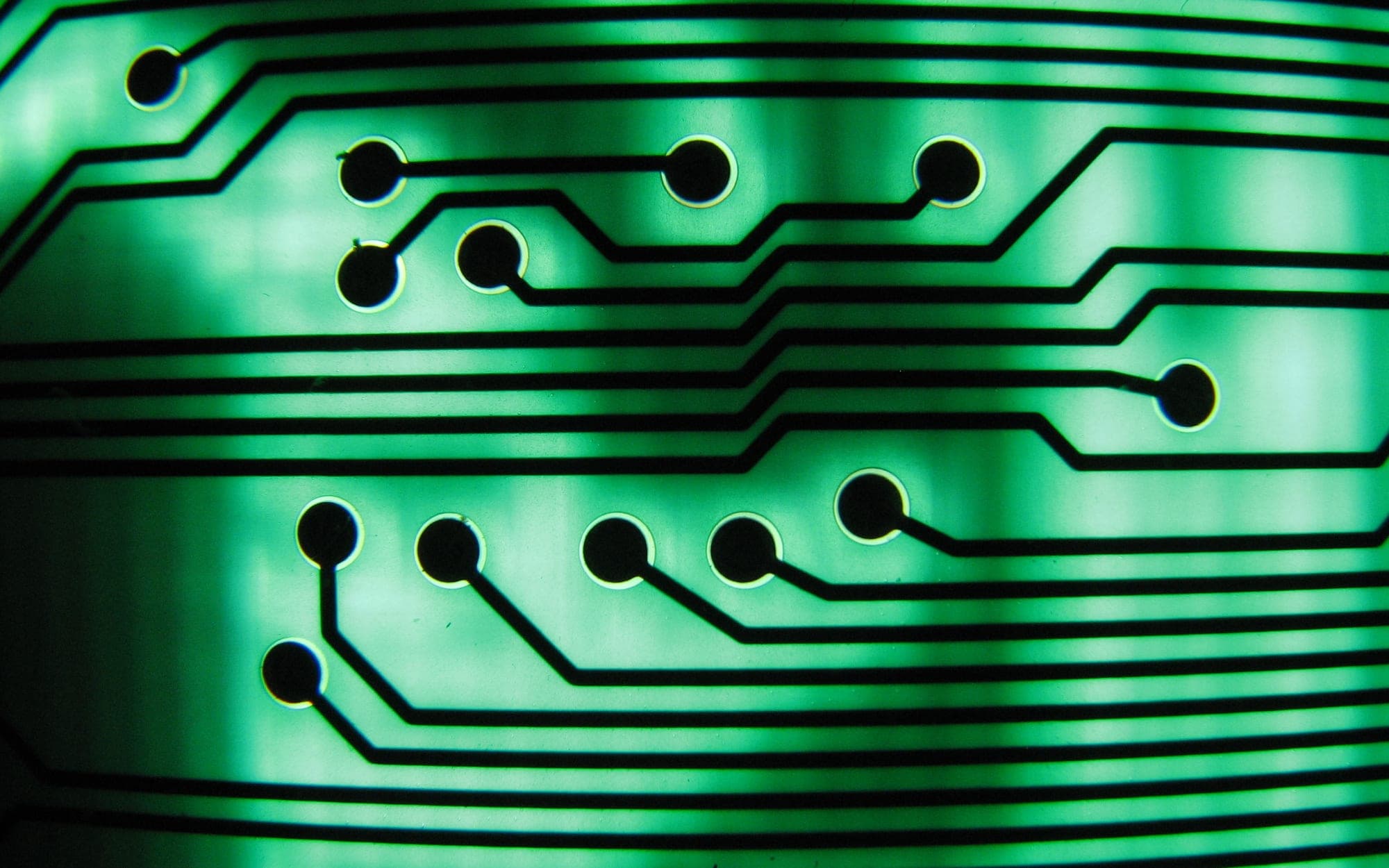 Copper traces and contact pads on a green printed circuit board backlit by the sun